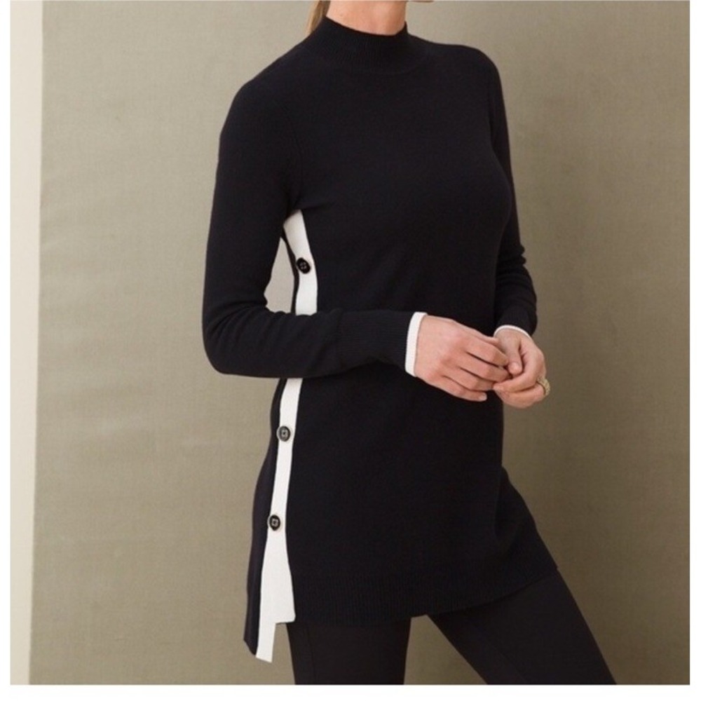 Chico's Womens 2 Black Sweater Tunic Long Sleeve Side Button Pullover Knit Top